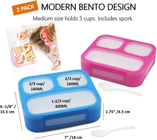 Bento Box for Kids, Toddler Lunch-Box for Small Boys Girls in School, Pre-School or Daycare, Leakproof 3 Compartment Containers for Portion Control Snacks for Adults, BPA Free. Medium Blue Pink 2 pack