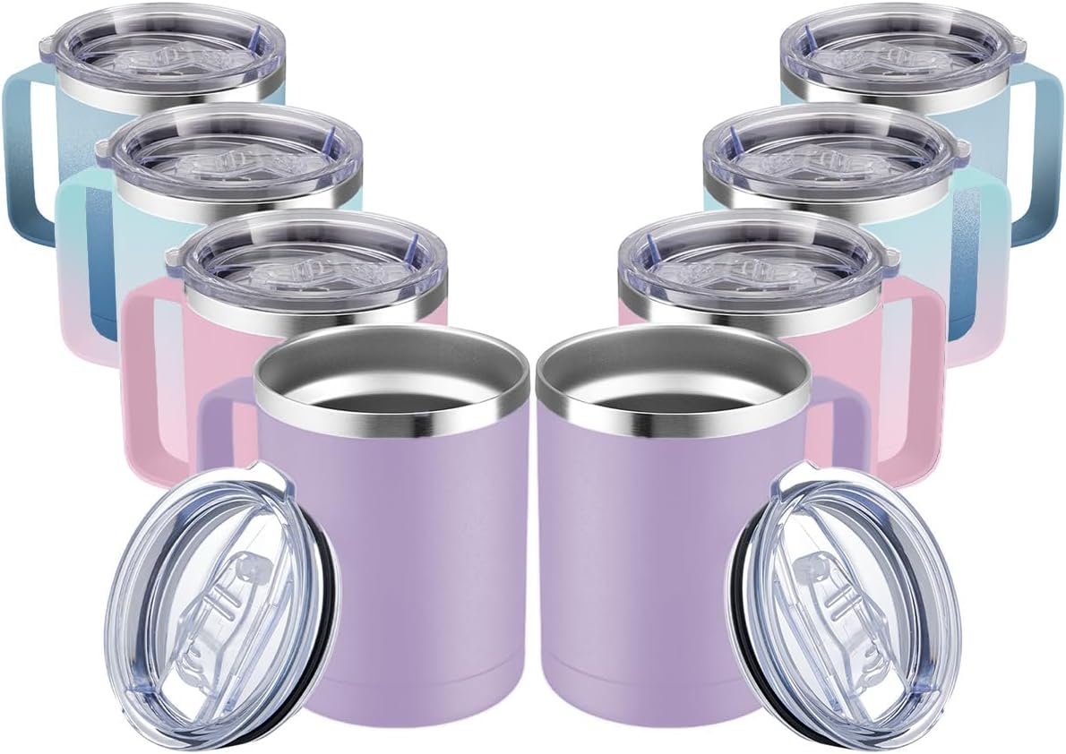 MEWAY 12oz Coffee Mug With Handle 2 Pack Bulk,Stainless Steel Insulated Travel Tumblers With Sliding Lid,Double Wall Vacuum Camping Cup for Hot & Cold Drinks Tea (Bubble Gum&Blue Waves,Set of 8)