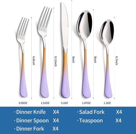 20-Piece Purple&Orange Silverware Set,18/0 Stainless Steel Colorful Handle Flatware Set, Service for 4, Modern Cutlery Set Includes Dinner Knives Forks Spoons, Mirror Polished,Dishwasher Safe