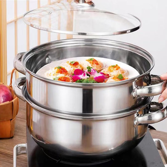 Steamer for Cooking, 3.0 Quarts Stainless Steel Steamer Pot, 2-Tier Food Steam Pots with Lid for Cooking Vegetables, Seafood, Soups, Stews and Pasta, 8.5 x 7.3 inch