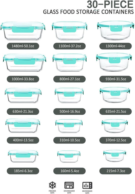 30 Pieces Glass Food Storage Containers with Upgraded Snap Locking Lids,Glass Meal Prep Containers Set - Airtight Lunch Containers, Microwave, Oven, Freezer and Dishwasher Friendly (Green)