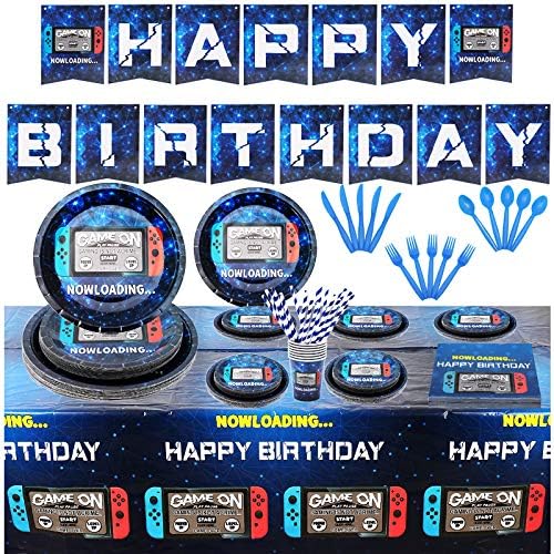 162CT Video Game Party SuppliesTableware Kit - Blue, Serves 20 Guests - Includes Happy Birthday Banner, Plates, Cups, Straws, Napkins, Utensils, Table Cover for Video Game Themed Birthday Parties