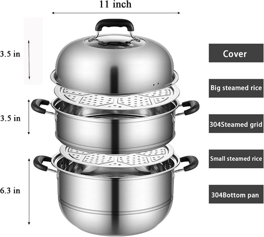 MANO Steamer Pot for Cooking 11 inch Steam Pots with Lid 2-tier Multipurpose Stainless Steel Steaming Pot Cookware with Handle for Vegetable, Dumpling, Stock, Sauce, Food