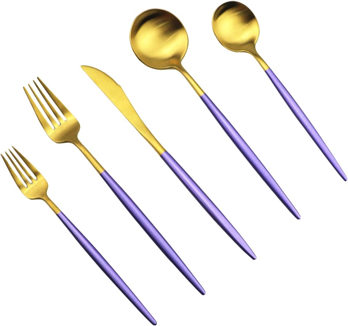 JASHII Silverware Sets, 5-Piece Purple Flatware 18/10 Stainless Steel Heavy Weight Forged Cutlery Eating Utensils Forks Spoons Knives Set Tableware Service for 1 Matte Finished (Purple & Gold)