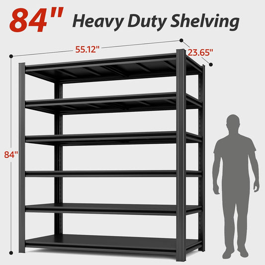55.12" W Father&I Industrial Heavy-Dudy Garage Shelving Units/Systems: Metal 6-Tier Storage Shelves Adjustable for Basement/Closet/Tote/Kitchen/Pantry, 84" H*55.12W *23.65" D, Black