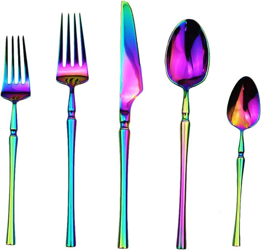 Gugrida Rainbow Silverware Set, 5-Piece 18/10 Stainless Steel Flatware Cutlery Set for 1,Mirror Finish, Ideal for Wedding Festival Party Home Kitchen, Dishwasher Safe