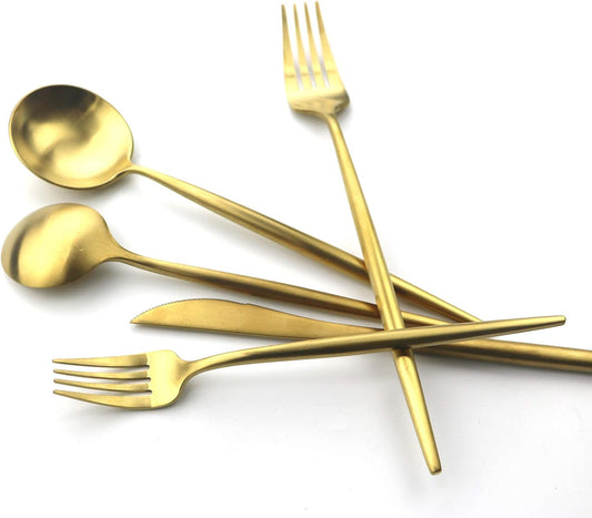 Gugrida 5 Pieces Matte Gold Handle 18/10 Stainless Steel Silverware Set, Flatware Set Titanium Cutlery Set, Utensils Set for Home Restaurant, Dishwasher Safe (Full Gold)