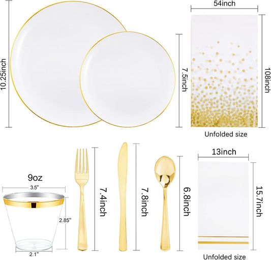 Festiva 176Pcs White and Gold Plastic Plates - White with Gold Rim Fall Dinnerware Set - 25Guest include Plates Cups Cutlery Napkins for Fall Party&Wedding& New Year&Thanksgiving