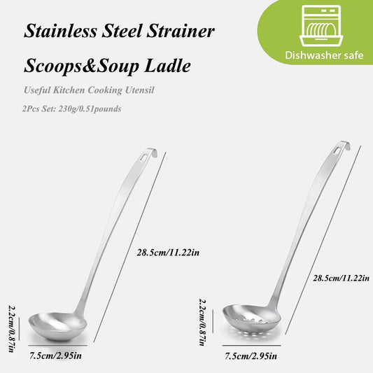 Stainless Steel Soup Ladle,Serving Ladle Scoop And Slotted Spoon Set Of 2 with Hook and Hole for Easy Hanging,Cooking Utensils Set for Kitchen