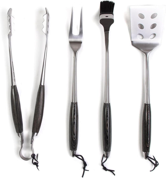 Schmidt Brothers - BBQ Ash 4 Piece Grill Set, Full-Forged Stainless Steel Grilling Utensils Including Spatula, Fork, Basting Brush, and Tongs with All Wood Handles