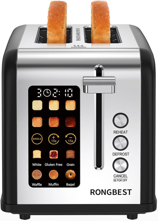 2 Slice Touch Screen Toaster, Stainless Steel Toaster with Wide Slots for Bagels and Bread, Reheat/Defrost/Cancel Functions, Removable Crumb Tray, Matt Black