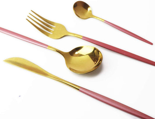 Gugrida 24-Piece Silverware Set - 18/10 Stainless Steel Reusable Utensils Forks Spoons Knives Set, Mirror Polished Cutlery Flatware Set, Great for Family Gatherings & Daily Use (6 set, Pink Handle)