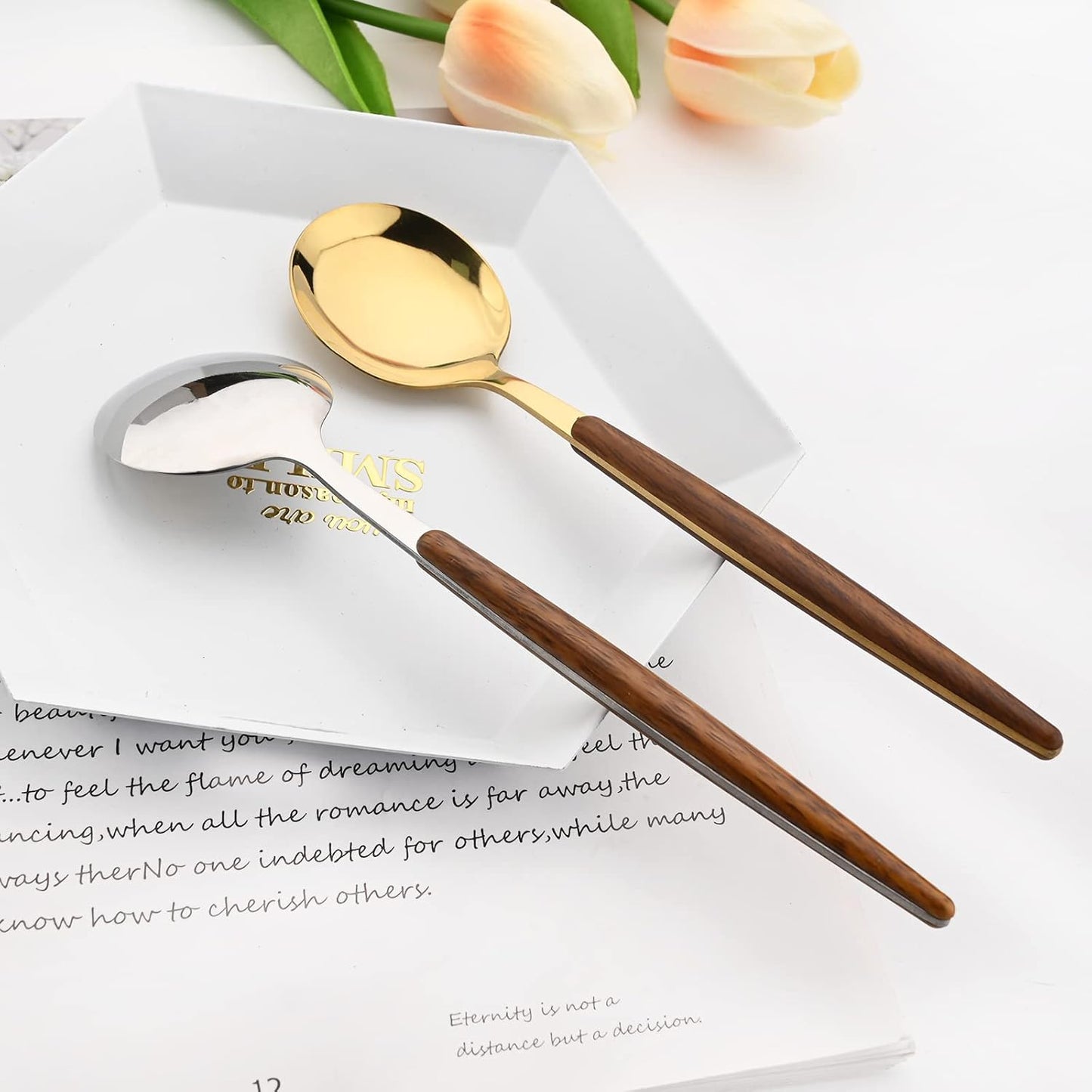 20 Piece (4 Set) Wood Handle Silverware Set, Retro 18/0 Stainless Steel Cutlery Set, Kitchen Utensils Include Knife Fork Spoon, Mirror Polish, Silver