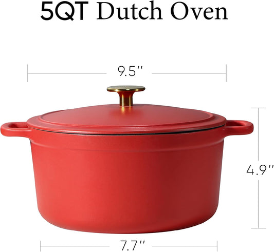CAROTE Enameled Cast Iron Dutch Oven Pot with Lid, Enameled Dutch Oven for Sourdough Bread Baking, Braising, Stews, Dual Handles, Heavy-Duty Cast Iron Pot, 5QT, Red