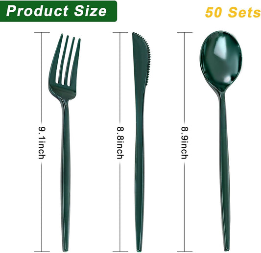PULOTE 150PCS Green Plastic Silverware - Plastic Cutlery Set Disposable - Green Plastic Utensils Include 50 Forks, 50 Spoons, 50 Knives for Party&Christmas
