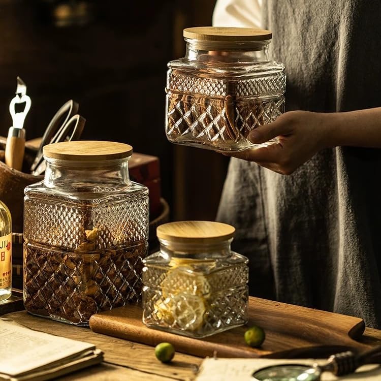 Glass Storage Canister with Airtight Lids, 20.3 oz Candy Jar Cute Jar for Ground Coffee, Tea Bag, Snacks Vintage Decorative Glass Jars for Coffee Bar Kitchen Counter Table