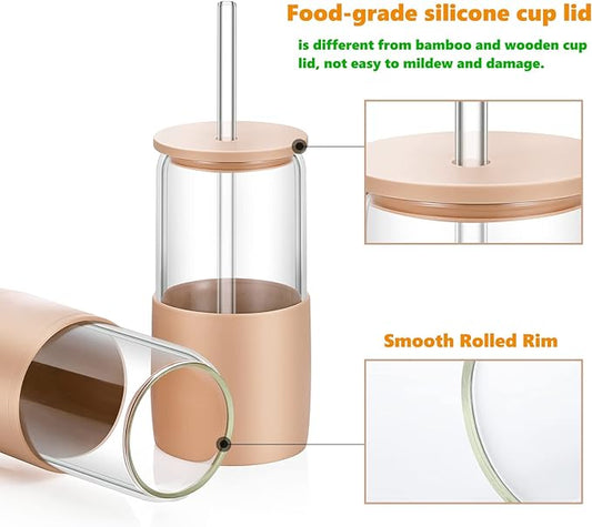 Sunseeke Glass Tumbler with Straw and Lid, 16oz Ice Coffee Cup, Silicone Sleeve Cleaning Brushes, Drinking Glasses for Water, Iced Coffee, Smoothie -BPA Free -3Pack