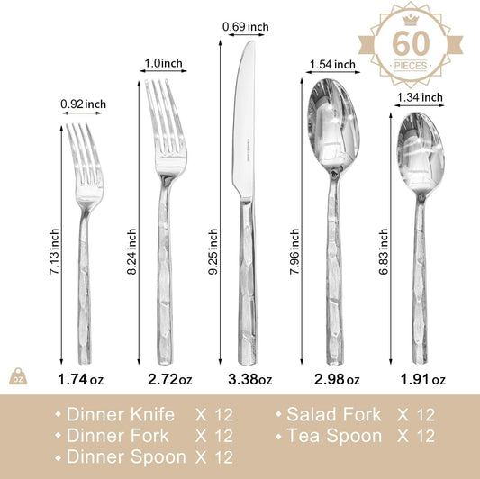 KINGSTONE Silverware Set, 60-Piece 18/10 Stainless Steel Brushed Handle Flatware Cutlery Set, for Kitchen, Home, Party, Wedding Gift, Rust Resistant and Dishwasher Safe