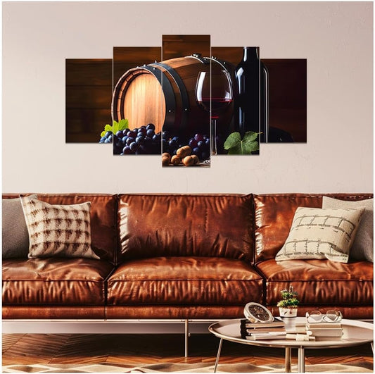 DOARTDO 5 Pieces Kitchen Wall Art Wine and Fruit Grape Pictures Food Canvas Prints Red Wine Cups Painting Large Kitchen Dining Room Bar Cellar Decor Framed (Black, (8x14inx2 8x18inx2 8x22inx1))