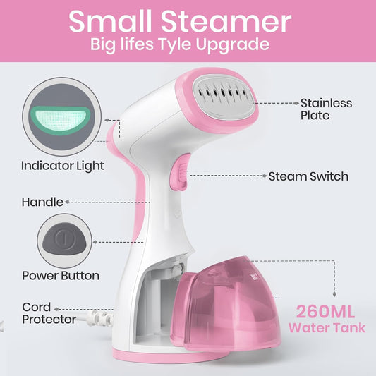 Steamer for Clothes 1500W,30S Fast Heat Plancha a Vapor Para Ropa, 260ML Water Tank Clothing Garment Fabric Iron Travel Steamer Handheld Portable for Wrinkles