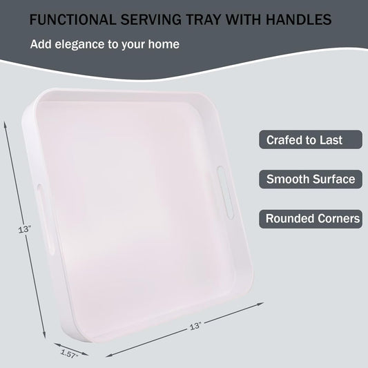 Square White Decorative Serving Tray with Handles, Versatile Ottoman Tray for Coffee Table, Entertaining, Outdoor Patio, Living Room, 13”*13”*1.6”