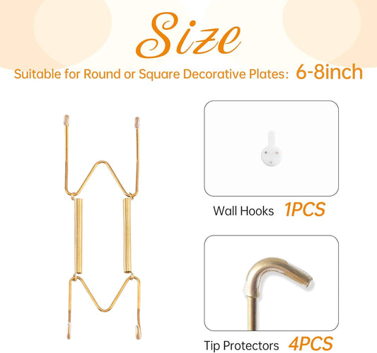 Plate Hangers for The Wall, Suitable for 6-8 inch Decorative Plate, Stainless Steel Wire Plate Holder with Wall Hooks and Rubber tip Protectors, Plate Hangers for Displaying Plates, Platter, Gold
