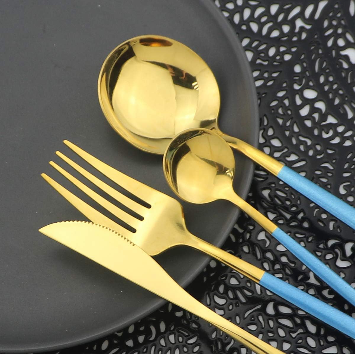 Shiny Silverware Sets, 24-Piece Elegant Cute Blue Handle Gold Cutlery set,304 Stainless Steel Silverware Set for Eating Home Kitchen Hotel Restaurant, Sets for 6 People, Dishwasher Safe