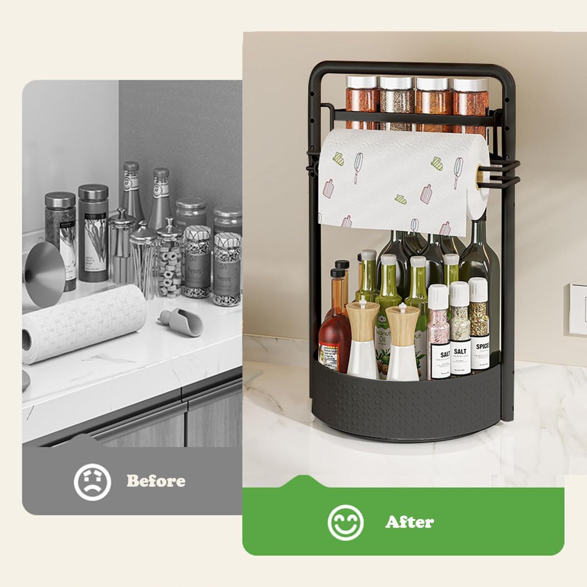 Lazy Susan Organizer, 360° Rotating Metal Spice Rack with Paper Towel Holder, Turntable Spice Holder for Condiments, Bottles, Jars, Suit for Kitchen Countertop & Cabinet, Black