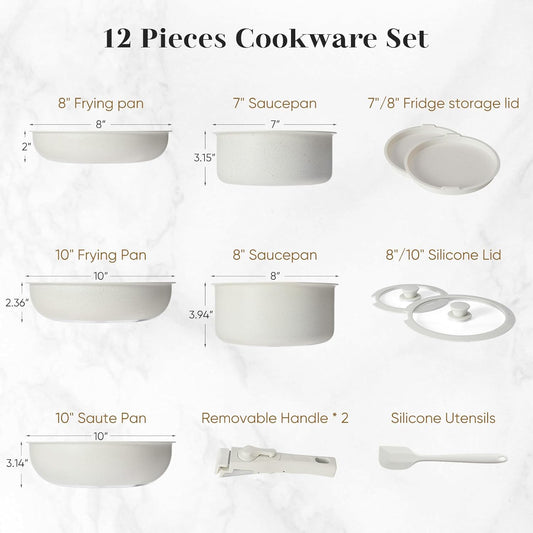 Sweetcrispy 12 pcs Pots and Pans Set, Nonstick Kitchen Induction Cookware Suit with Detachable Handle, Dishwasher Oven Safe, Milky White