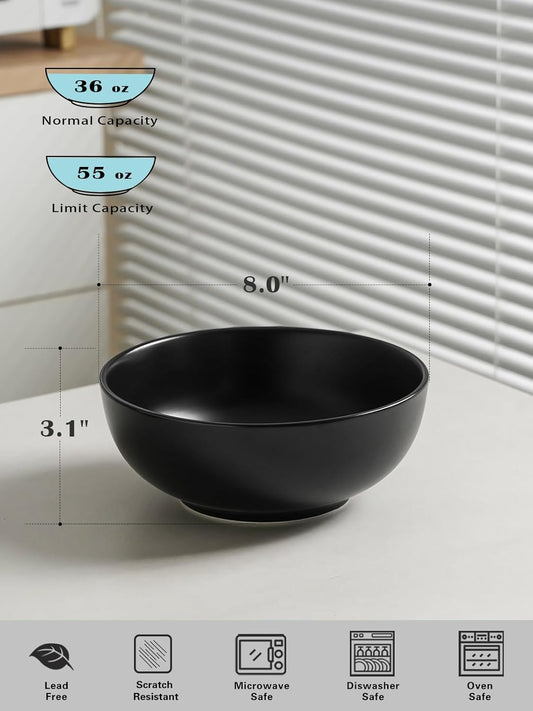Kanwone Large Serving Bowls - 55 Ounce, Ceramic Salad Bowls, Pasta, Porcelain Soup Bowls, Set of 2, Serving Dishes for Entertaining, Microwave and Dishwasher Safe, Matte Black, Housewarming Gift