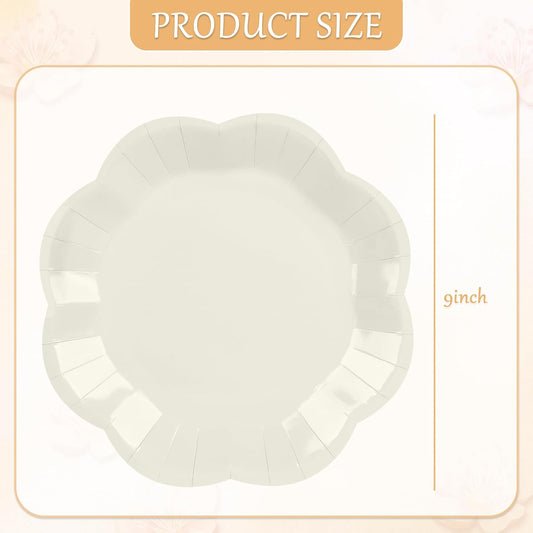 30 Pcs Ivory Paper Plates - 9 Inch Scalloped Dessert Plates Disposable Ivory Birthday Party Supplies Dinner Plates for Wedding Baby Shower Birthday Party