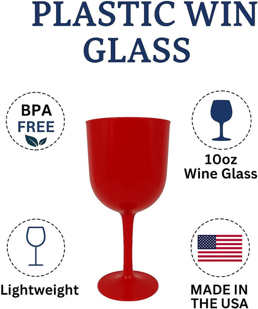 Party Outlaw Plastic Wine Glasses 4 Pc 10oz, Classic Wine Drinking Glasses, BPA-Free, Lightweight, Heavy Duty, Reusable, Shatter - Proof, Dishwasher Safe, Made in USA (Red)
