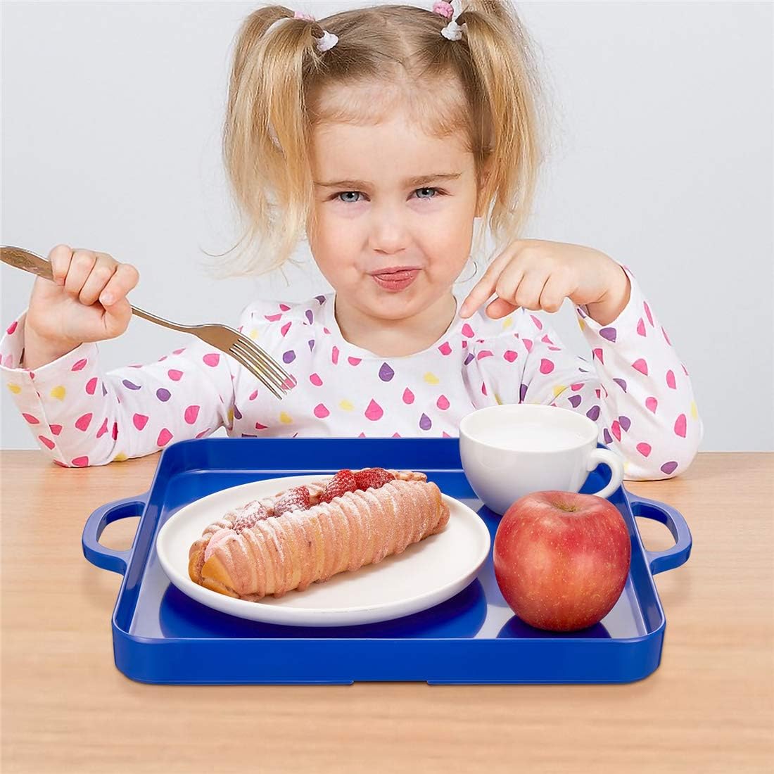 Square Serving Trays with Handles Melamine Dark Blue 12.5x12.5 Inch Spill Proof Kitchen Eating Trays Set of 2 for Cafeteria Cafe Food Appeizer Dessert Snack Dinner Lunch Breakfast,TR15-02