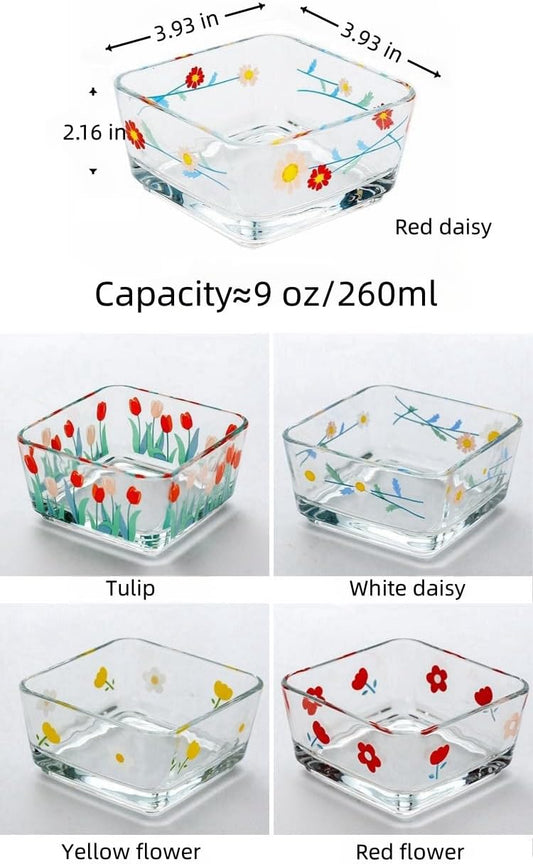 9 OZ Small Flower Candy Dish Cute Floral Candy Bowl Mini Square Glass Bowl for Dessert,Snack,Fruit,Icecream,Yogurt,Dipping,Prep,Clear Serving Bowl