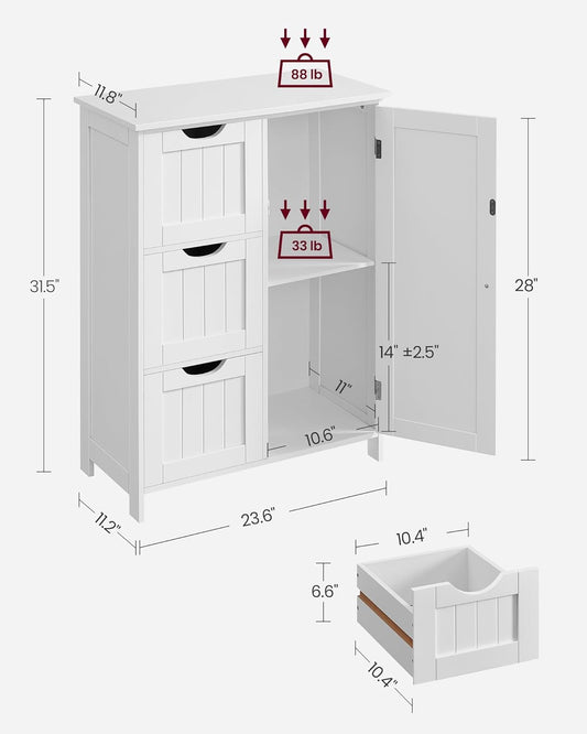 VASAGLE Floor Storage Cabinet, Freestanding Storage Unit with 3 Drawers, 1 Adjustable Shelf, for Bathroom Living Room Dining Kitchen, 11.8 x 23.6 x 31.5 Inches, White UBBC49WT