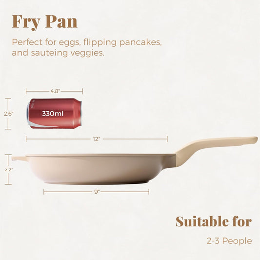 PRICUSIS Nonstick Frying Pan, 8/10/12 Inch Skillet with Stay Cool Handle, Stain/Scratch/Crack Proof, Induction Compatible & Oven Safe, Dishwasher Safe, PTFE & PFOA Free (12-Inch, Natural Linen)