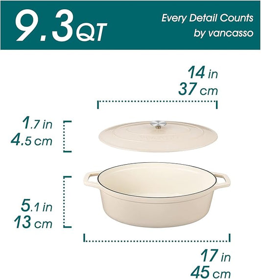 vancasso Enameled Cast Iron Dutch Oven, 9.3 Quart Dutch Oven Pot with Lid, Oval Cast Iron Pot with Non Stick Enamel Coating for Bread Baking, White
