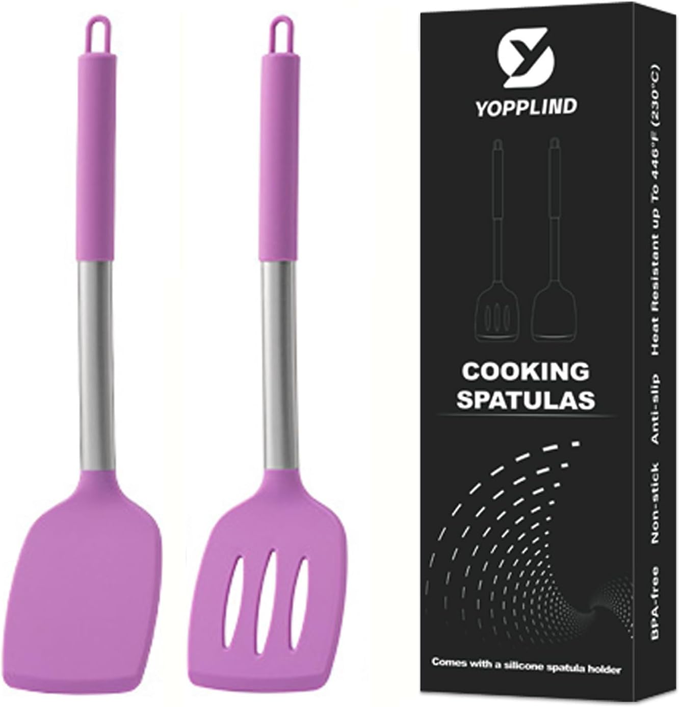 3Piece Silicone Spatula Set, Heat-Resistant, Non-Stick Kitchen Spatulas, BPA-Free, for Eggs, Pancakes, Fish, Woks, Includes Multifunctional shelf spoon pad (purple)