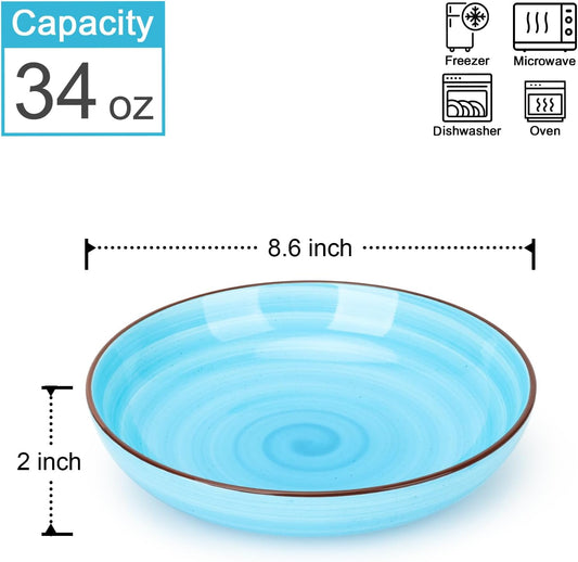 KitchenTour Large Pasta Bowls 34 oz, Ceramic Salad Serving Bowls Set of 6, 8.6 Inch Wide and Shallow for Soup- Dishwasher and Microwave Safe, Assorted Cool Colors