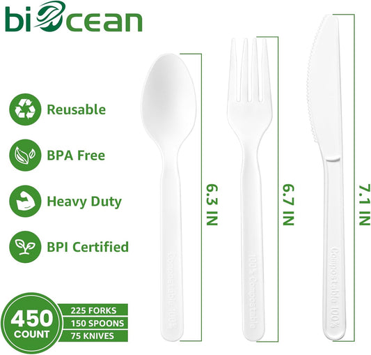 450 Counts Compostable Forks Spoons Knives Set Disposable Forks Utensils Heavy Duty Knives Silverware Eco Friendly Flatware for Party Camping Picnics White forks spoons and knives set