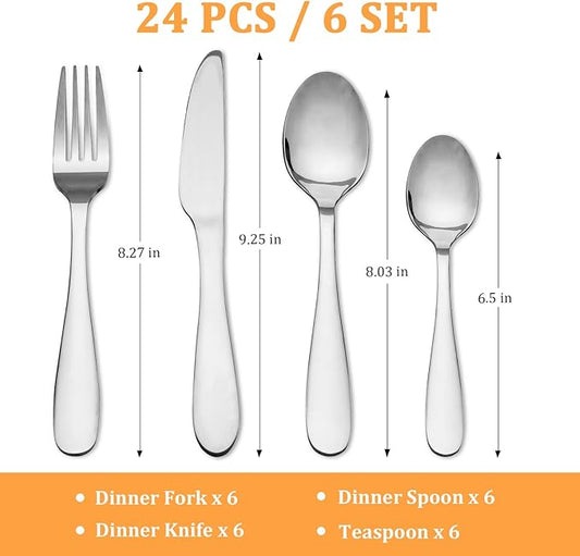 KOOMADE-Lucent- 24 Piece Set Silverware Stainless Steel Home Kitchen Flatware Include Forks Spoons Knives Great for Family Gatherings & Daily Use