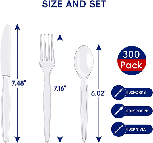 JOLLY CHEF 300 Count Clear Plastic Silverware, 100 Forks, 100 Spoons, 100 Knives, Heavy Duty BPA Free Disposable Plastic Cutlery Set, Plasticware Bulk, Premium Clear Utensils for Party Supplies