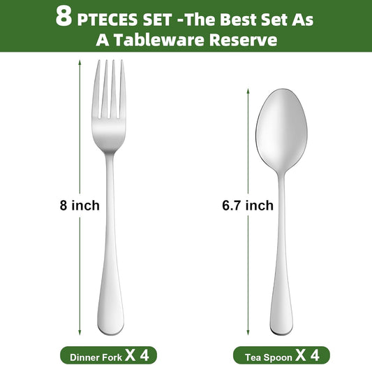 8 Pcs Forks and Spoons Silverware Set, Food Grade Stainless Steel Flatware Cutlery Set for Home, Kitchen and Restaurant, 4 Dinner Fork(8") and 4 Teaspoon(6.7"), Mirror Polished, Dishwasher Safe