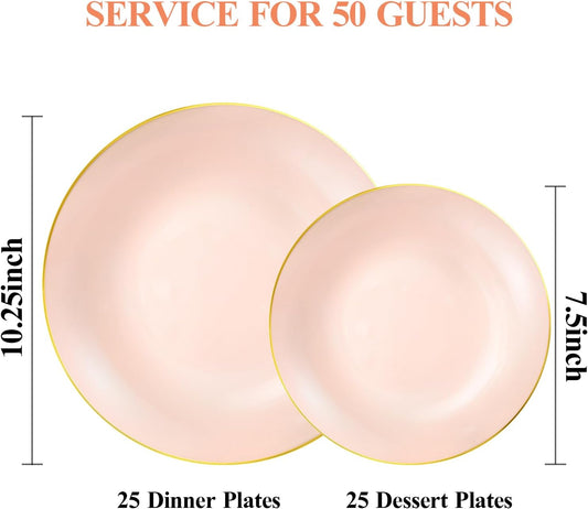 100PCS Pink Gold Plastic Plates, Pink Disposable Plates for Party, Wedding and Graduation, Include 50 Dinner Plates, 50 Dessert Plates for 50 Guests