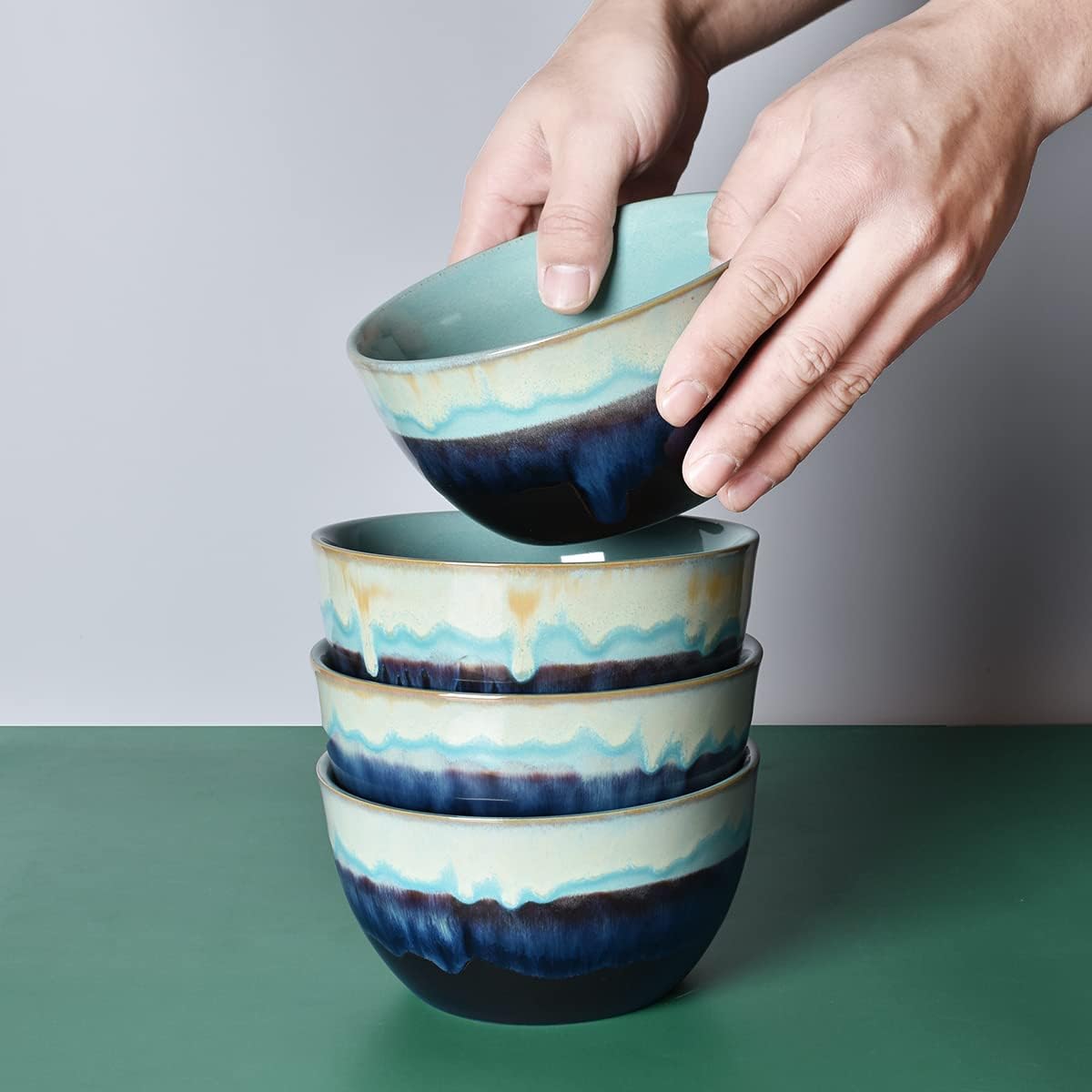 Bosmarlin Stoneware Cereal Bowls Set of 4, 26 Oz, Soup Bowls for Oatmeal, Salad, Dishwasher and Microwave Safe, Reactive Glaze (26 Oz, Pastel Blue)