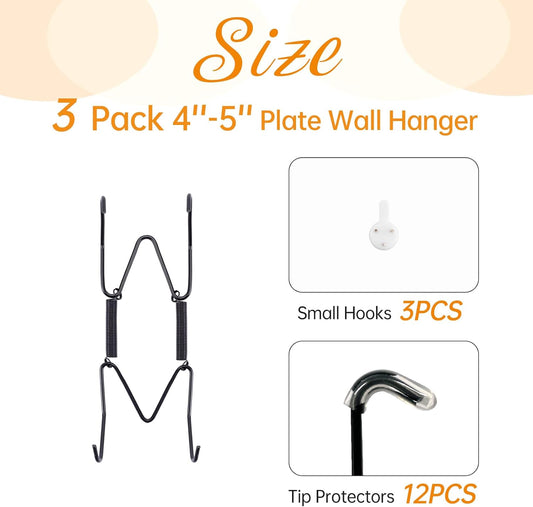 Bilillo 3 Pack Plate Hangers for The Wall, Suitable for 4''-5'' Decorative Plate,Invisible Heavy Duty Wire Plate Holder with Wall Hooks, Plate Hangers for Displaying Plates, Platter, Dish (Black)