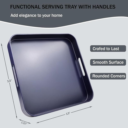 Square Navy Blue Decorative Serving Tray with Handles, Versatile Ottoman Tray for Coffee Table, Entertaining, Outdoor Patio, Living Room, 13”*13”*1.6”