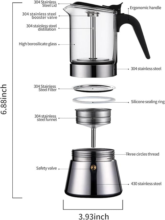 Moka Induction Stovetop Espresso Maker With Pressure valve,Crystal Glass-top & Stainless Steel Esprosso Moka Pot,240ml Classic Italian Coffee Maker