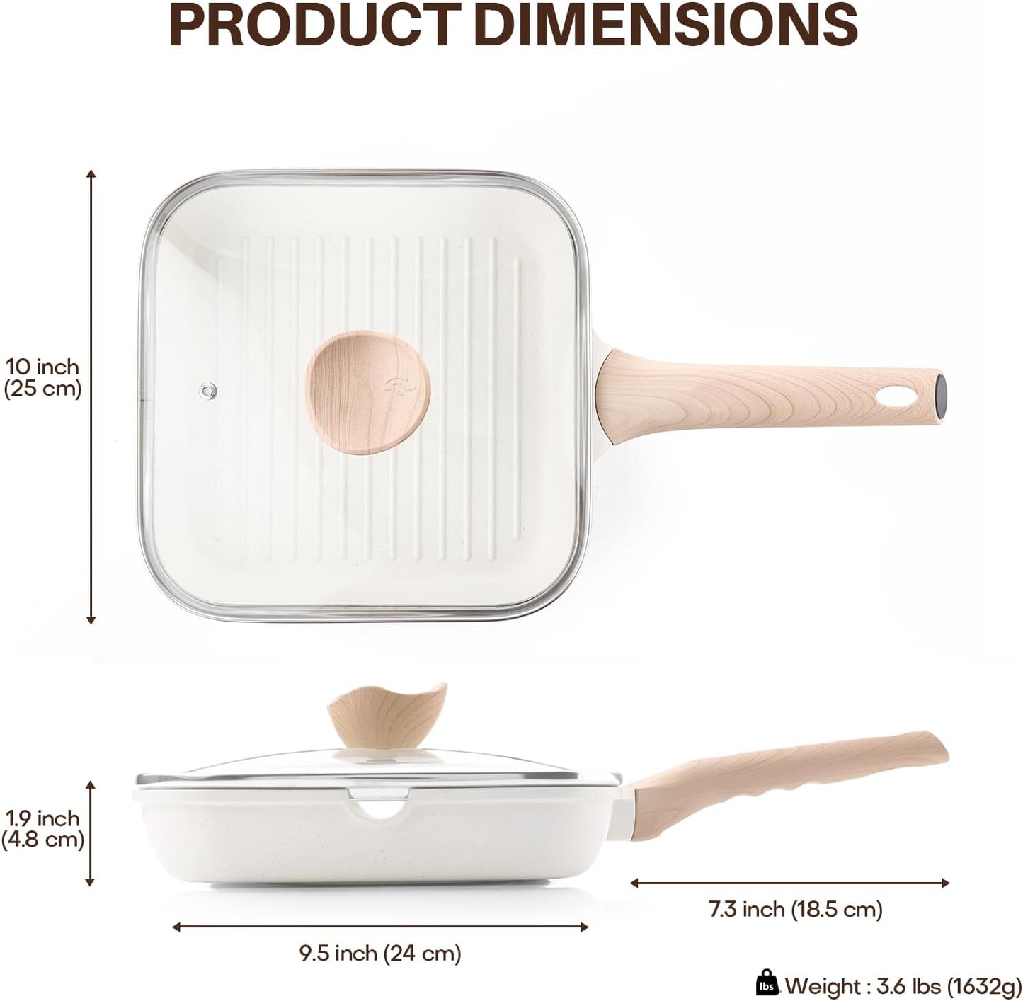 Kordisen Nonstick Grilling Pan with Lid for Stove Tops, 9.5 Inch Square Grill Pan for Indoor Cooking, Healthy Coating Grill Skillet with Pour Spouts, Versatile Griddle, Induction Steak Pan, White