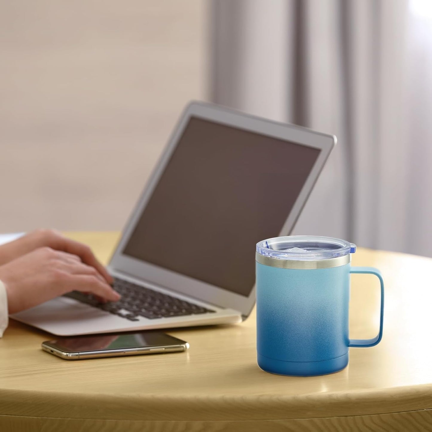 MEWAY 12oz Coffee Mug With Handle and Sliding Lid,Stainless Steel Travel Tumbler Cup with Handle,Double Wall Vacuum Insulated Camping Cup for Hot & Cold Drinks Tea (Blue Waves,Set of 1)